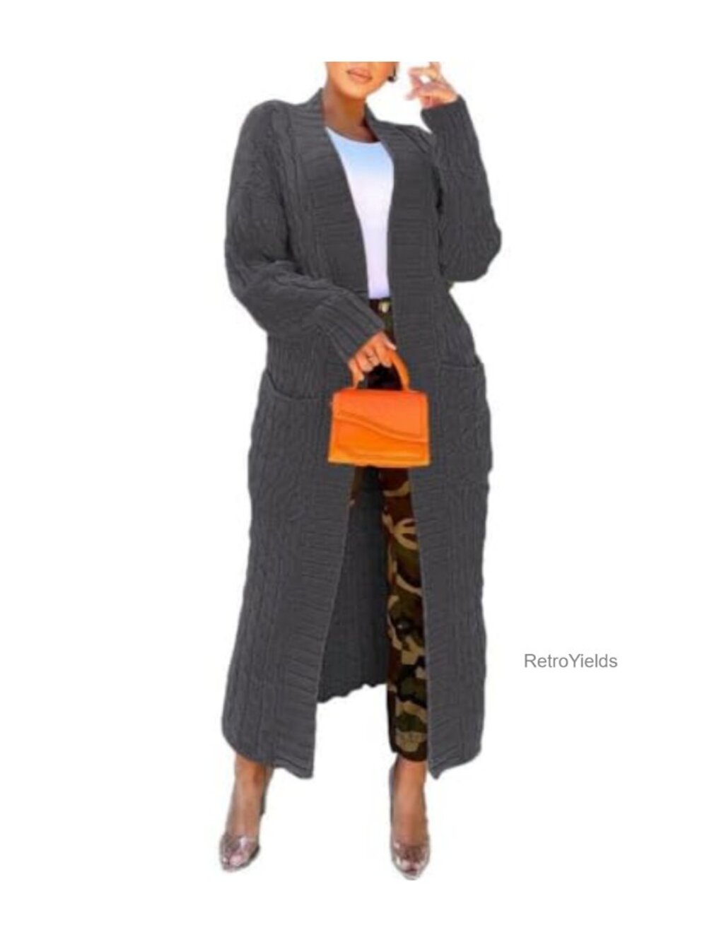 Women's Open Front Cable Knit Long Cardigan with Pockets Oversized Sweater
